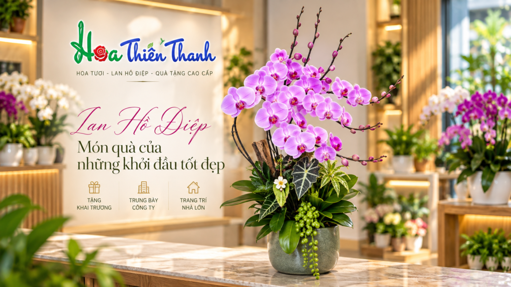 Chậu hoa lan hồ điệp tím cao cấp trưng bày tại không gian cửa hàng Hoa Thiên Thanh.